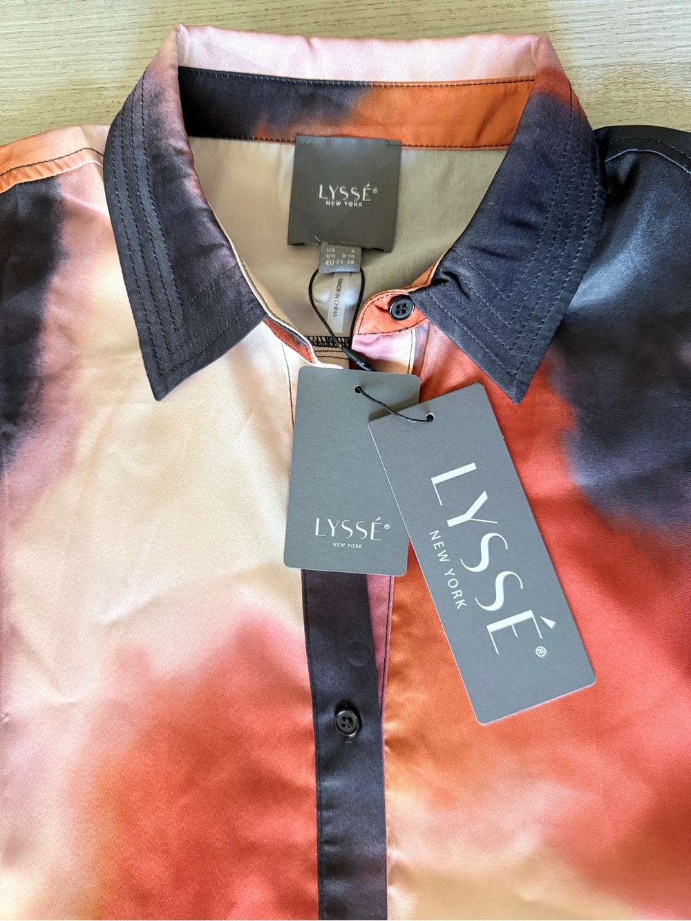 Lysse Satin Tie-Dye Button-Down Shirt in Red, Black & Pink - Picture 4 of 7